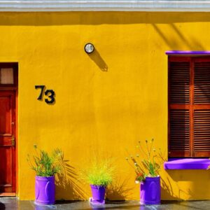 Painted terraced houses on a cobbled street in the Bo-Kaap, Cape Town