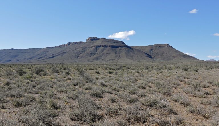 Flat-topped koppie above open scrub plains in the Karoo near Beaufort West