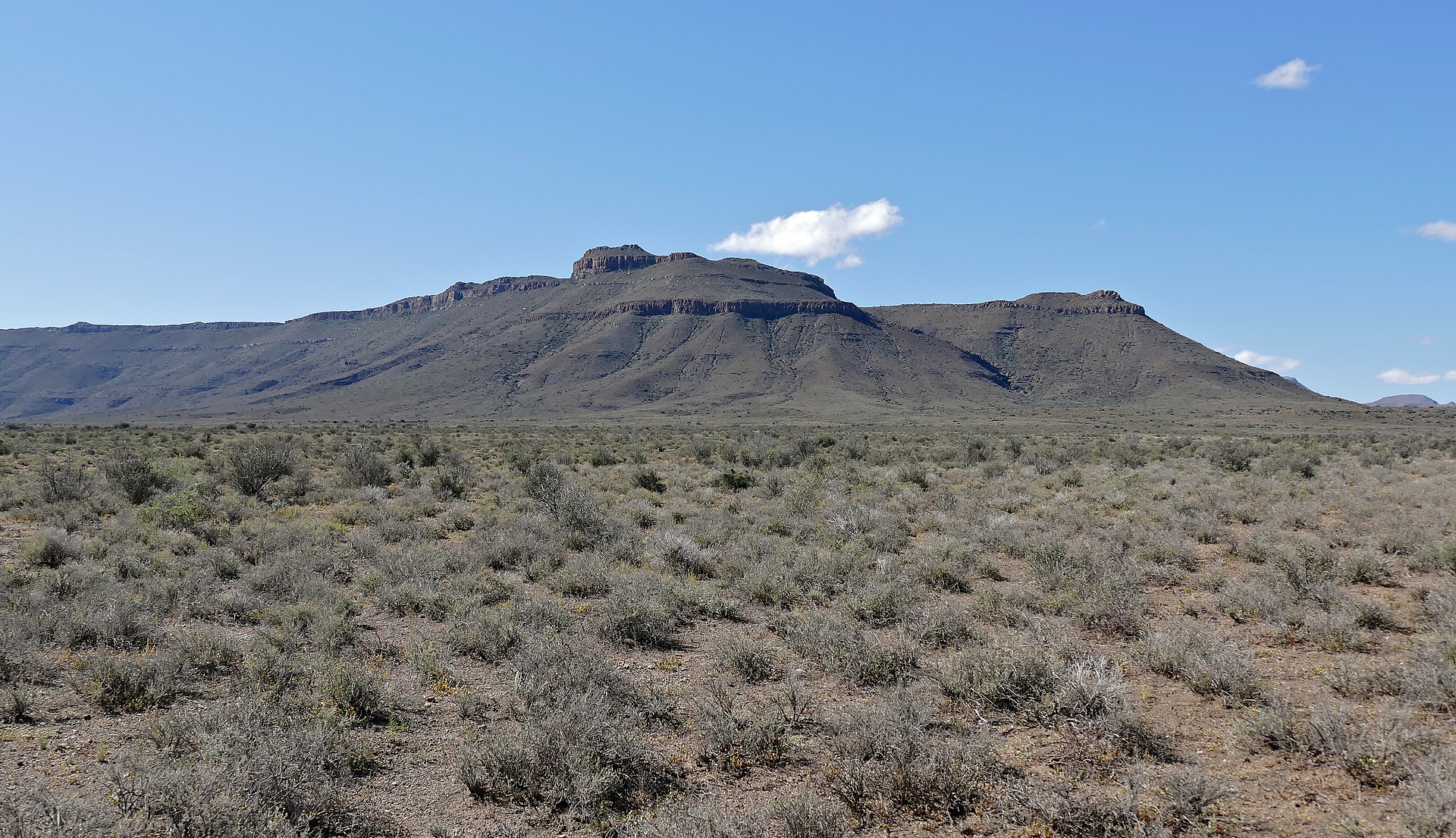 Koppie de cima plana sobre llanuras abiertas de matorral en el Karoo del Cabo, cerca de Beaufort West