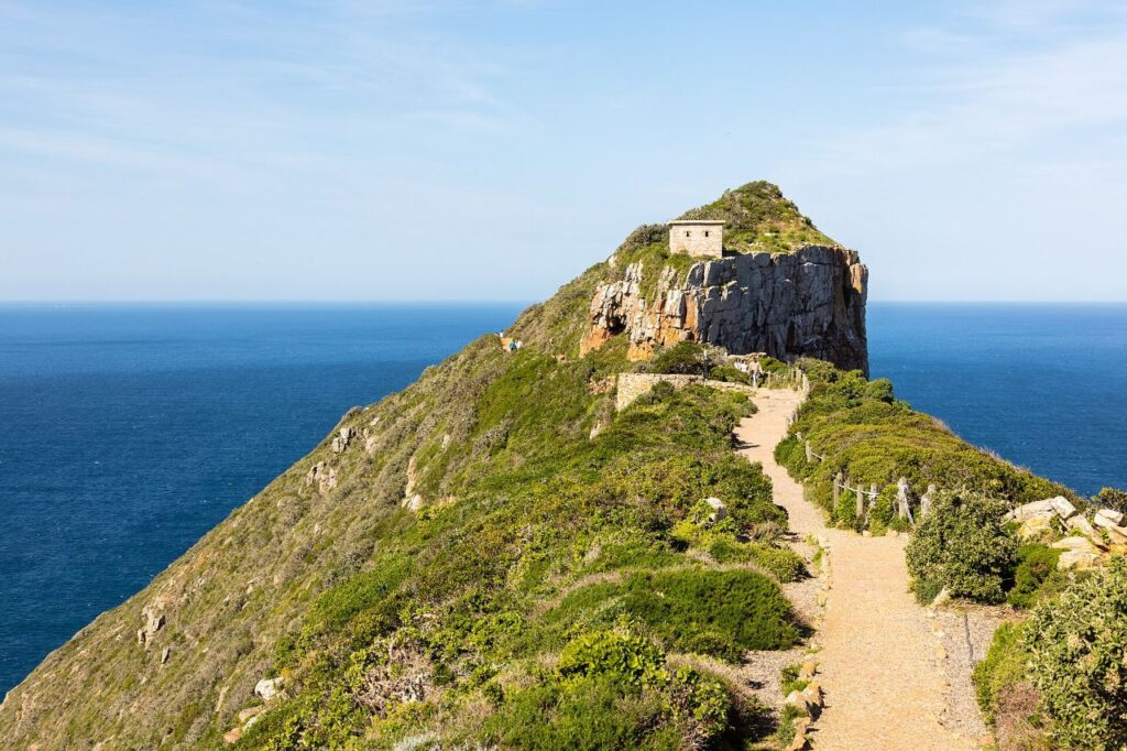 The old lighthouse on the high headland at Cape Point, at the tip of the Cape Peninsula