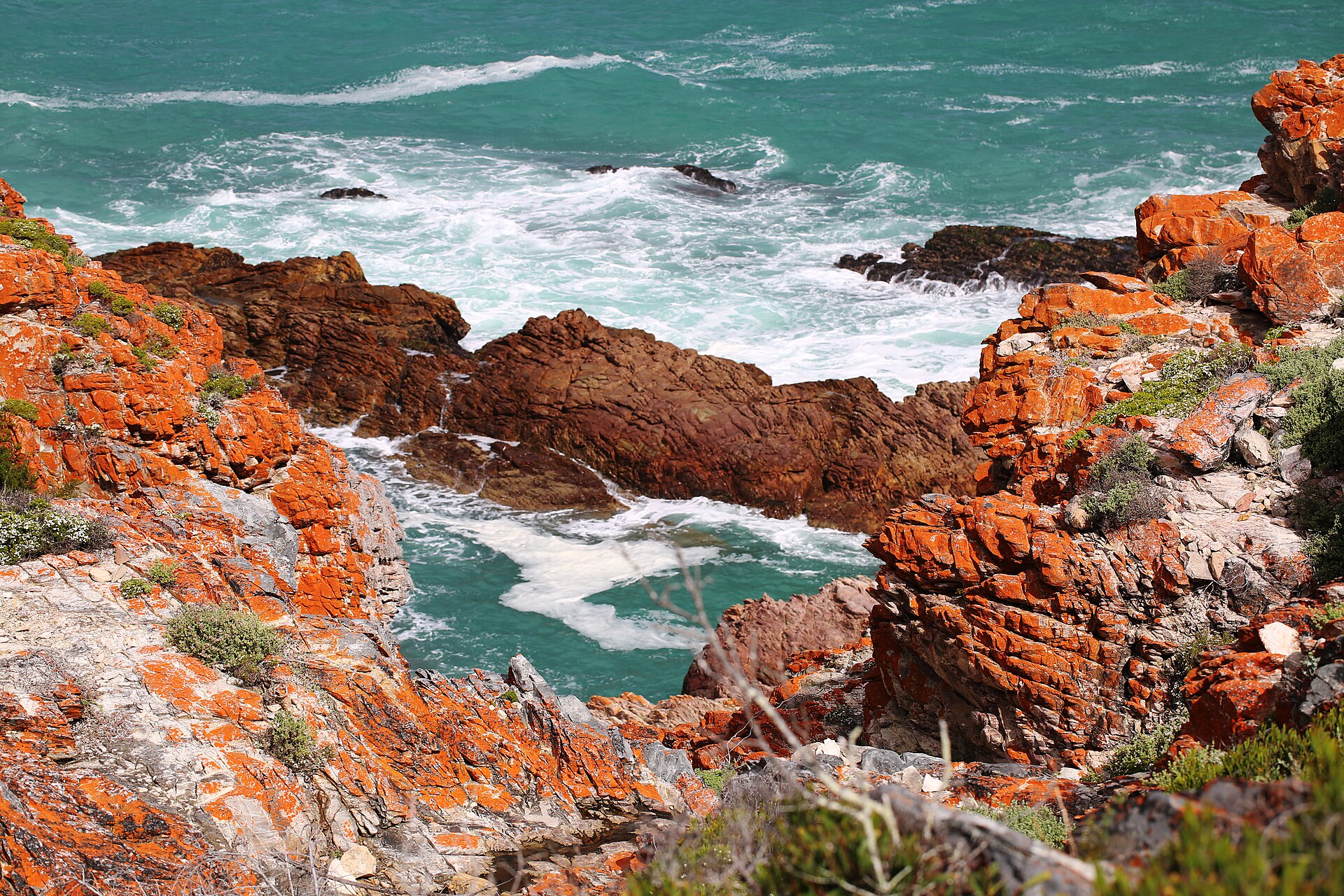 Rocas cubiertas de líquenes naranjas y oleaje turquesa en la costa de De Hoop, en el Overberg