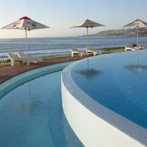 Pool terrace above Diaz Beach at the Diaz Hotel and Resort in Mossel Bay