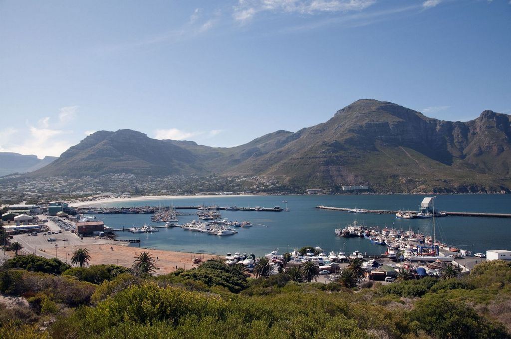 Hout Bay harbour and the fishing fleet enclosed by mountains on the Atlantic side of the peninsula