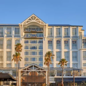 The exterior of the InterContinental Table Bay hotel and its palms at the V&A Waterfront in Cape Town