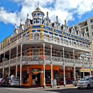Victorian cast-iron balconies above the shopfronts on Long Street in central Cape Town