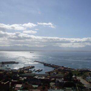Mossel Bay harbour and its breakwater seen from the hill above the town