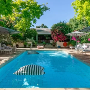 The garden pool and bougainvillea at The Last Word Constantia in Cape Town