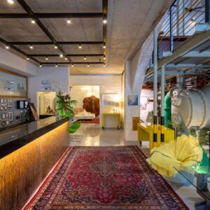 Preserved power-station machinery in the reception hall of the Turbine Hotel on Thesen Islands, Knysna