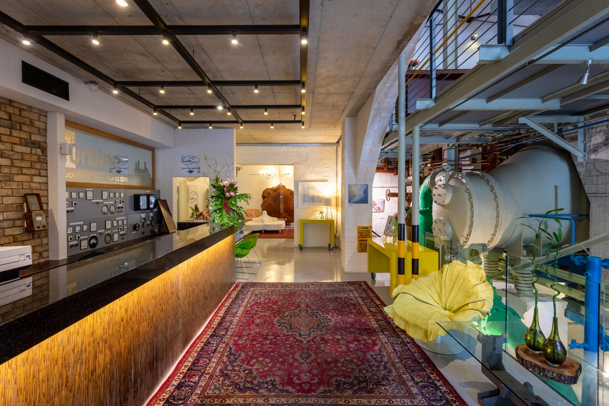 Preserved power-station machinery in the reception hall of the Turbine Hotel on Thesen Islands, Knysna