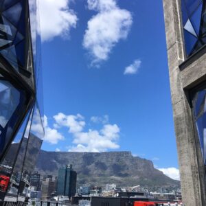 The faceted glazed windows of the converted grain silo housing Zeitz MOCAA at the V&A Waterfront