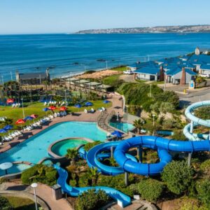 An aerial view of a water park with a water slide at ATKV Hartenbos in Hartenbos