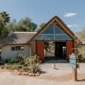 The thatched lodge building and entrance at Chandelier Game Lodge & Ostrich Show Farm in Oudtshoorn