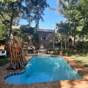 A swimming pool with a statue in front of a house at Citrusdal Guest Rooms in Citrusdal