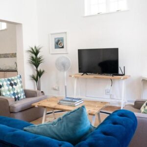 An open-plan living room with blue sofas at Dalebrook Place in Kalk Bay
