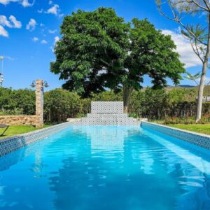 A swimming pool with a fountain in a yard at De Opstal Country Lodge in Oudtshoorn