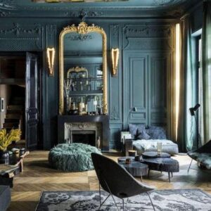 A living room with a fireplace and a mirror at Die Heerenhuys Guest Suites in Stellenbosch