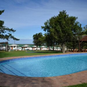 A swimming pool in a yard with trees and houses at George Resort in Victoria Bay