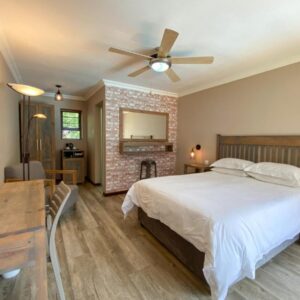 A bedroom with a bed and a table and a fireplace at Loerie Guest Lodge in George
