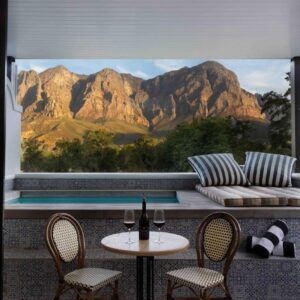 A balcony with a view of a mountain at MolenVliet Estate - Boutique Bed & Breakfast in Stellenbosch