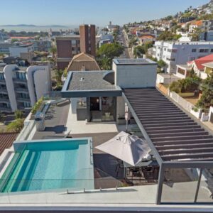 A stairway leading to a swimming pool on a building at The Murex in Cape Town