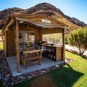 BaliesGat Accommodation and Camping: a small wooden cabin with a table and a bench
