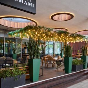 Century City Hotel Urban Square: a restaurant with plants and lights in a building