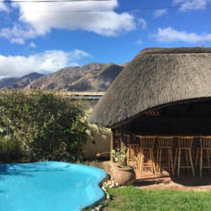 John Montagu Accommodation: a house with a thatch roof and a swimming pool
