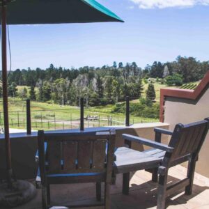 Knysna Elephant Park Lodge: a patio with a table and two chairs and an umbrella