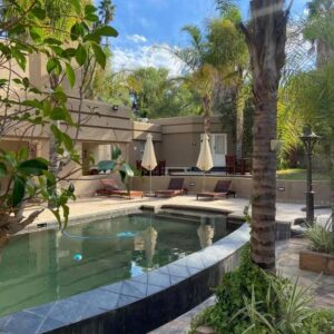 Oudtshoorn Guest House: a swimming pool with a palm tree in front of a house