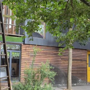 River Star Retreat: a house with a yellow door and a tree