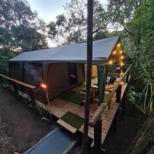 Squirrels Rest Treetop Glamping: a tent with a deck in the woods at night