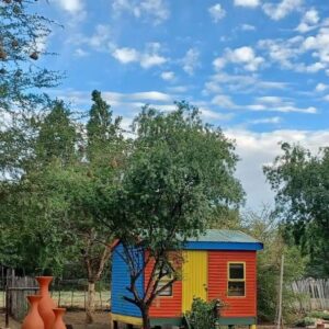 The Joint Backpackers: a colorful house sitting in a yard with trees